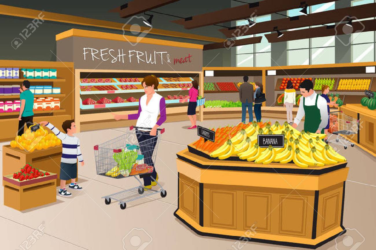 A vector illustration of mother and her son shopping in a grocery store - 43273538 A vector illustration of mother and her son shopping in a grocery store - 43273538