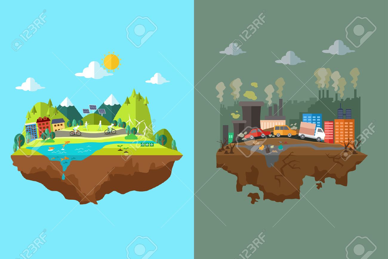 A vector illustration of comparison of clean city and polluted city - 44081916 A vector illustration of comparison of clean city and polluted city - 44081916