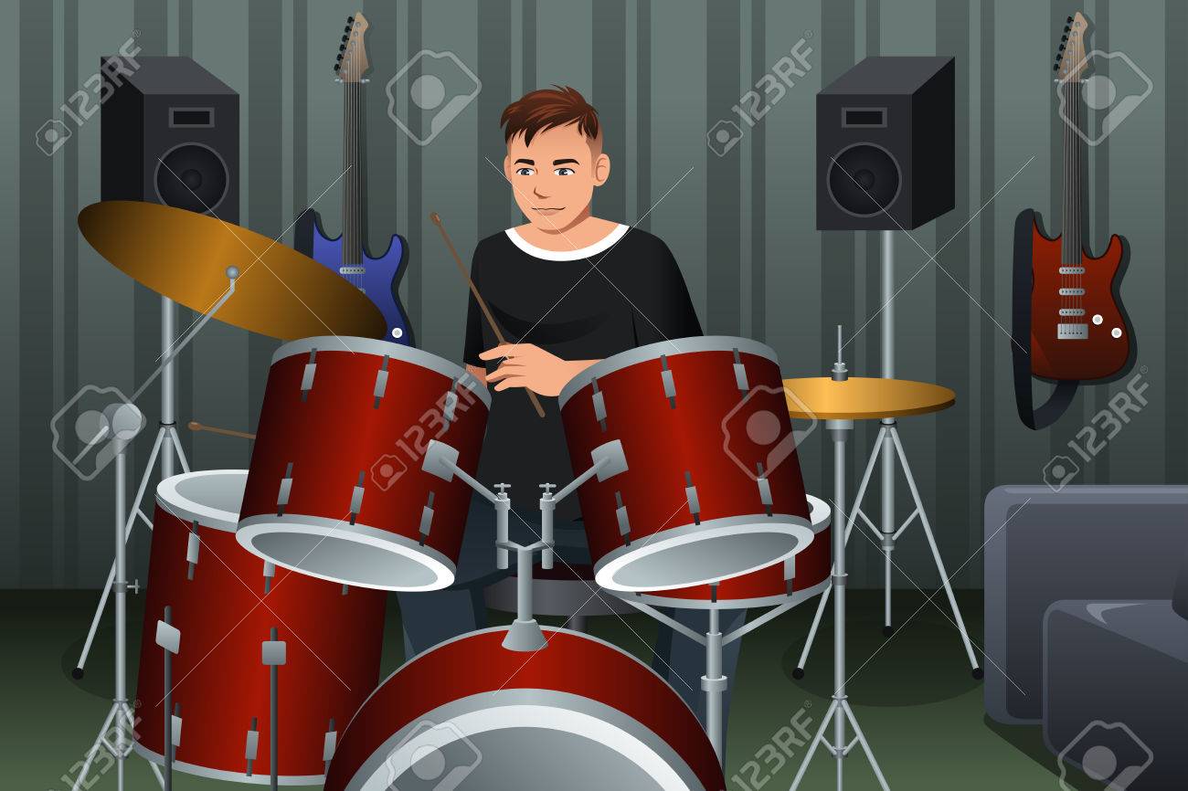 スタジオでドラムを演奏する男のベクトル イラスト のイラスト素材 ベクタ Image