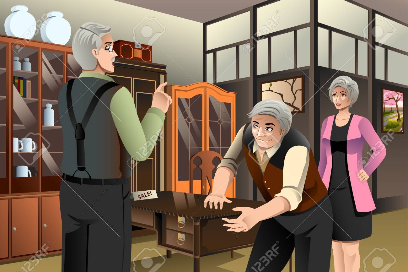 A Vector Illustration Of Mature Couple Buying Antique Furniture A vector illustration of mature couple buying antique furniture at the furniture store Stock Vector - - A Vector Illustration Of Mature Couple Buying Antique Furniture