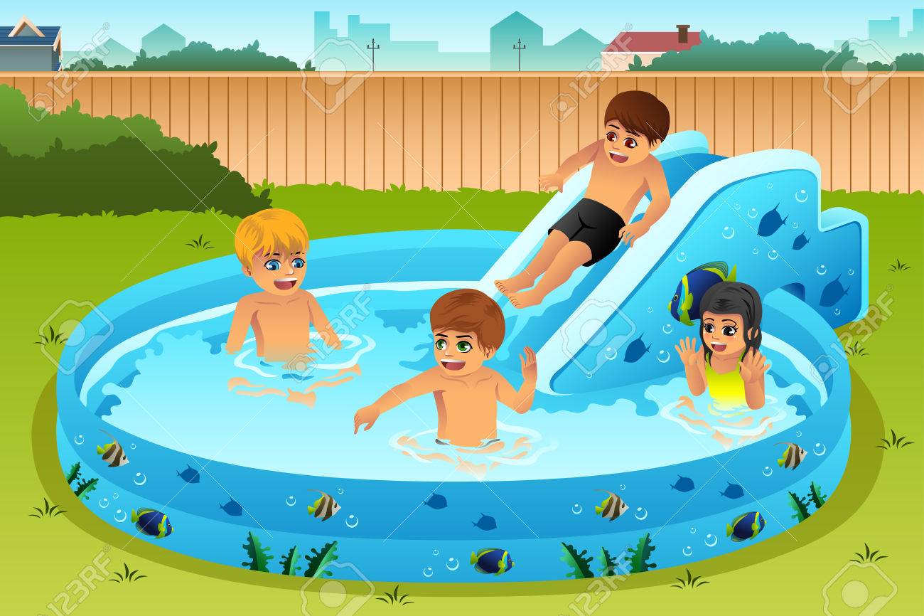 A Vector Illustration Of Children Playing In Inflatable Pool A Vector Illustration Of Children Playing In Inflatable Pool