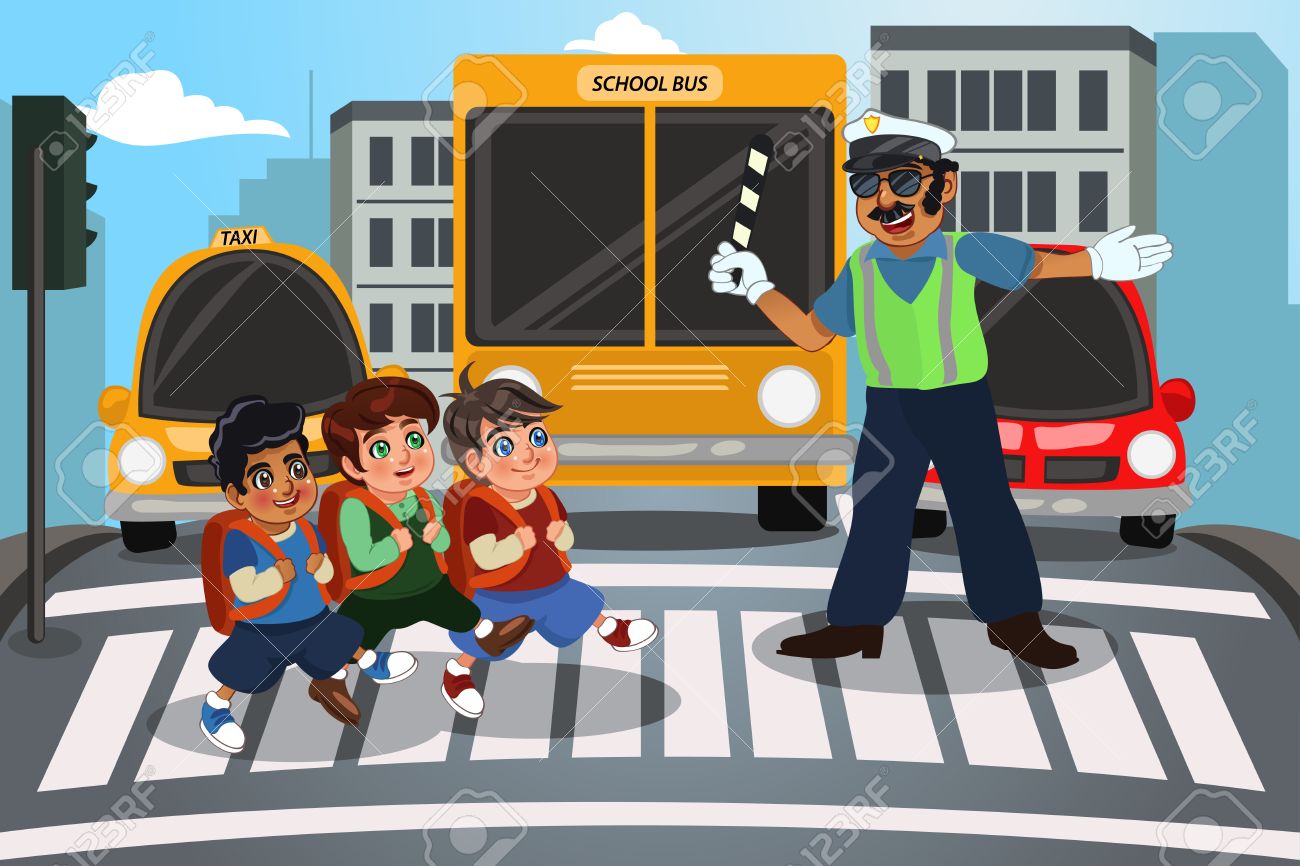 vector illustration of a schoolchildren crossing the road with the help of  the police 7414877 Vector Art at Vecteezy