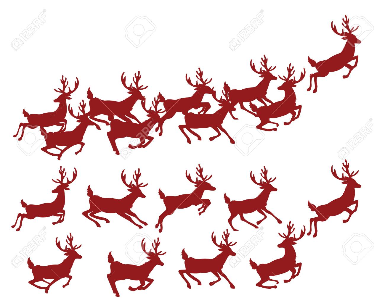 実行中の鹿のシルエットのセット クリスマスの鹿のコレクションです 跳躍のシカ サンタ 森の動物のベクトル イラスト 様式化されました のイラスト素材 ベクタ Image