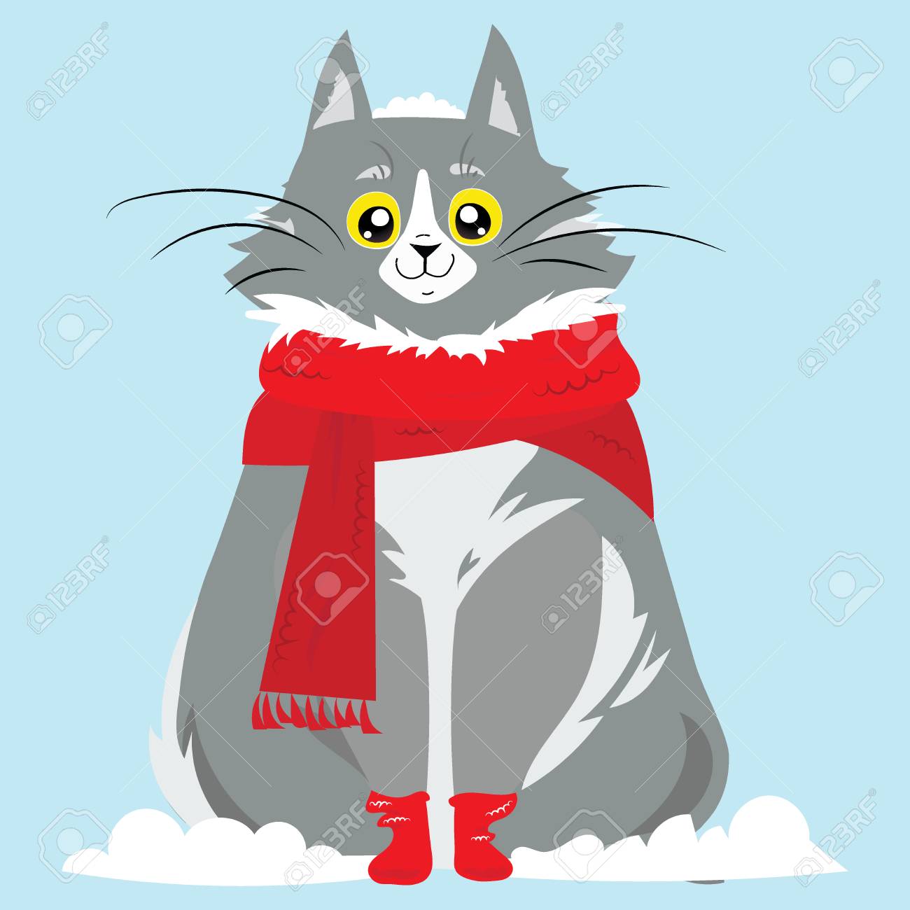 Portrait De Dessin Anime D Un Chat Souriant Dans La Neige Chat Mignon De Noel Illustration Vectorielle Pour Une Carte De Voeux Clip Art Libres De Droits Vecteurs Et Illustration Image