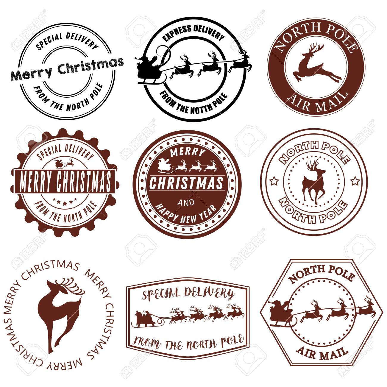 Set of Santa Claus signs. Collection of stamps of the North Pole. Vector illustration of stamps for mail. Christmas Signs. Drawing for children. - 130017262 Set of Santa Claus signs. Collection of stamps of the North Pole. Vector illustration of stamps for mail. Christmas Signs. Drawing for children. - 130017262