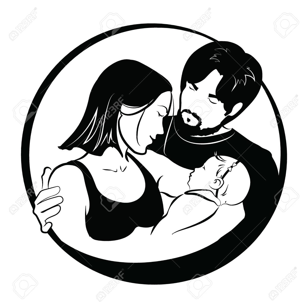 Family With Baby Father And Mother Hug Their Child Black And