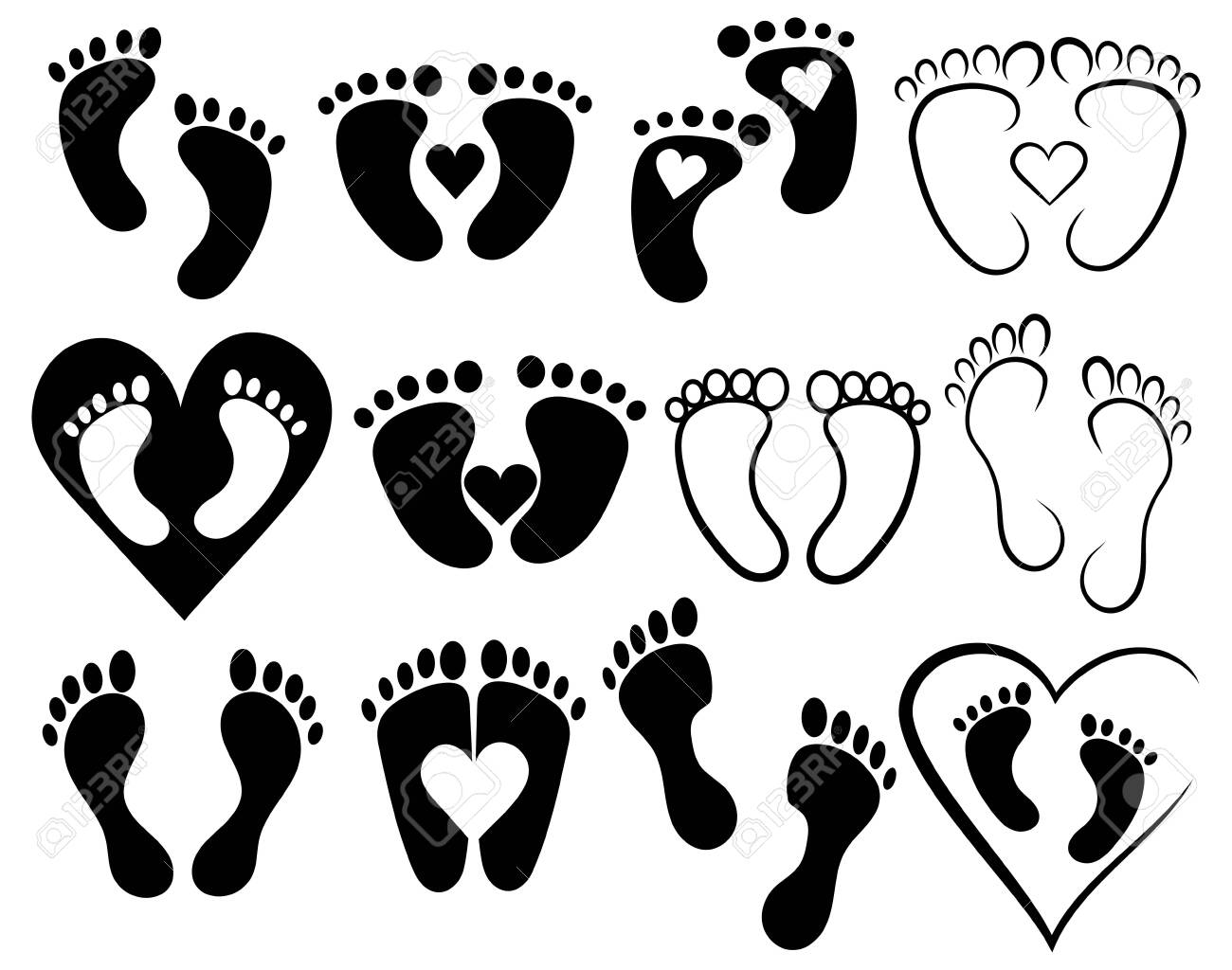 Set Of Footprints Of Babies With Hearts. Baby Foot Collection. Black And  White Vector Illustration. Silhouettes Of Baby Footprints. Royalty Free  SVG, Cliparts, Vectors, and Stock Illustration. Image 130321086., image size:1300x1024