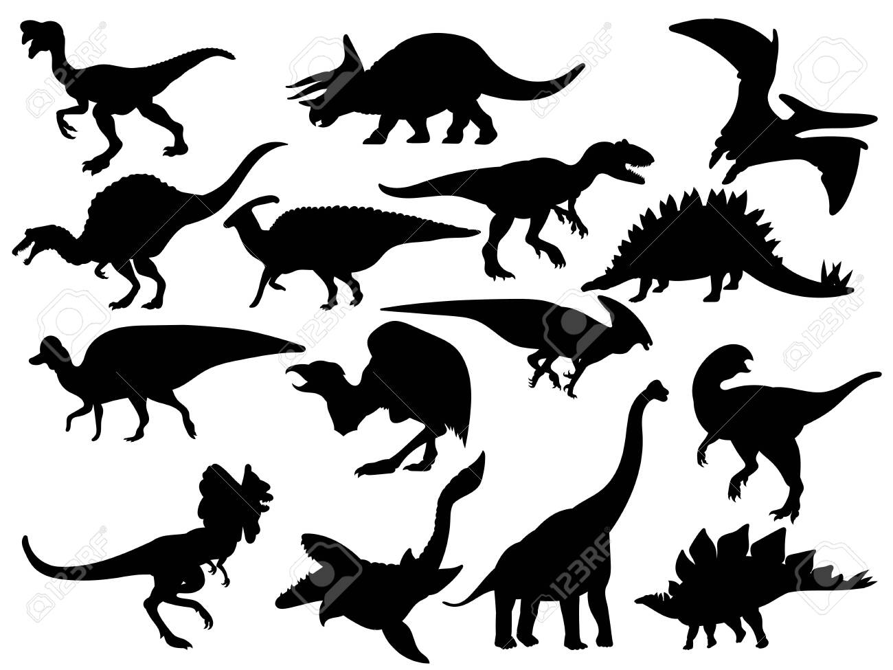 Set Of Dinosaur Silhouettes Collection Of Extinct Animals Black