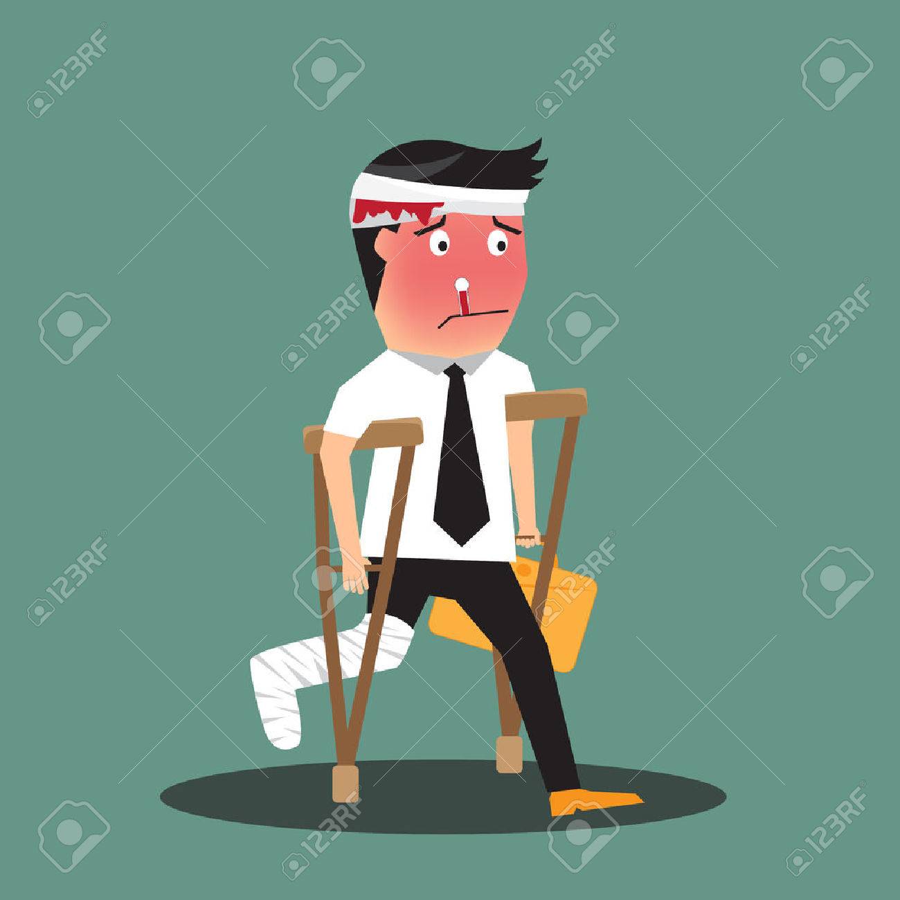 ブリーフケース ベクトル図を運んで松葉杖歩行ひどく負傷した実業家のイラスト のイラスト素材 ベクタ Image