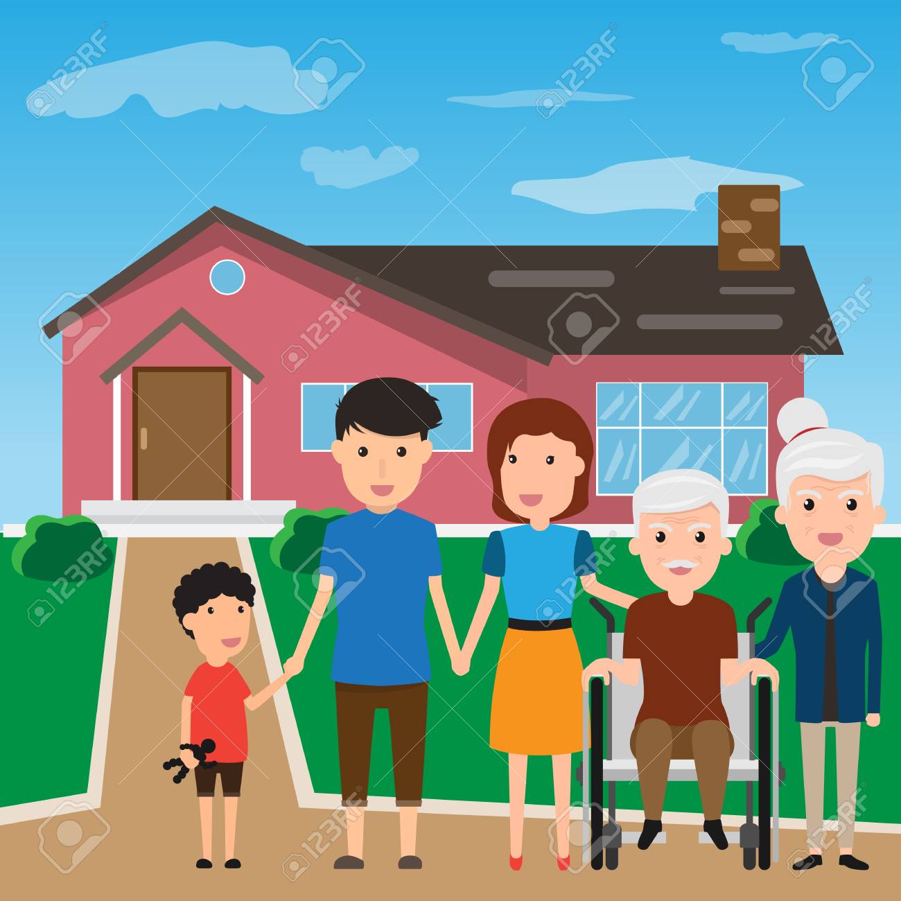 happy family standing outside new home people moving house
