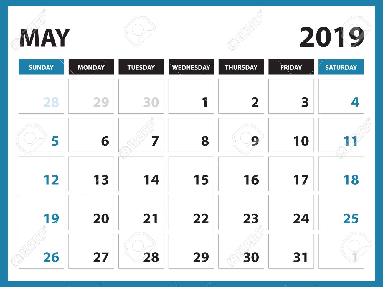 Desk Calendar For MAY 2019 Template, Printable Calendar, Planner Design  Template, Week Starts On Sunday, Stationery Design, Vector Illustration  Royalty Free SVG, Cliparts, Vectors, and Stock Illustration. Image  101619600., image size:1300x975