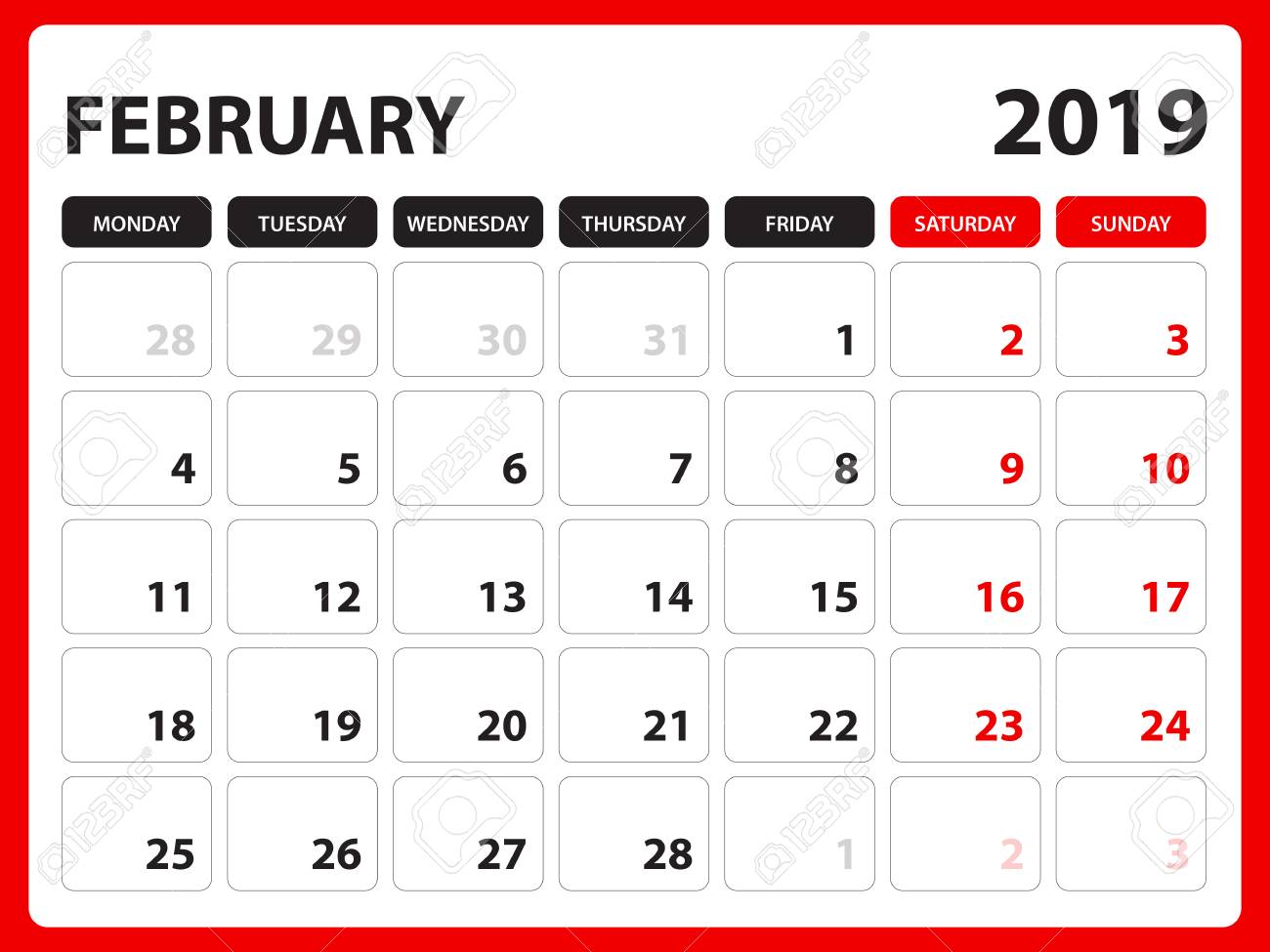 Desk Calendar For FEBRUARY 2019 Template, Printable Calendar, Planner  Design Template, Week Starts On Sunday, Stationery Design, Vector  Illustration Royalty Free SVG, Cliparts, Vectors, and Stock Illustration.  Image 101611300.