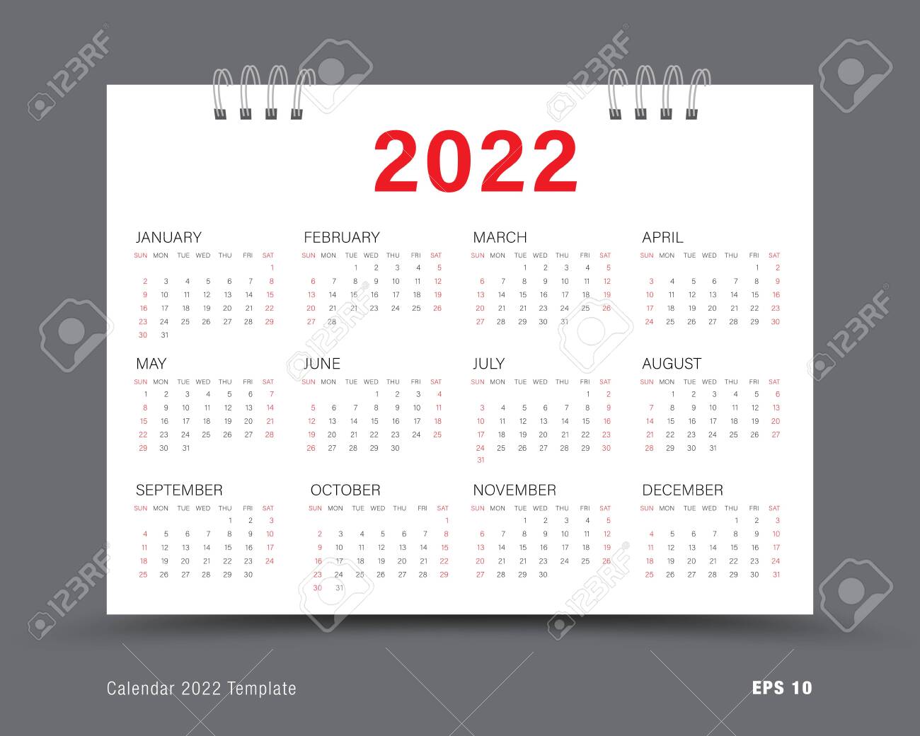 Calendar 2022 Template Layout, 12 Months Yearly Calendar Set In 2022, Red Background, Business Brochure Flyer, Print Media, Advertisement, Simple Design Template, Vector Illustration Royalty Free Cliparts, Vectors, And Stock Illustration. Image 143103110.