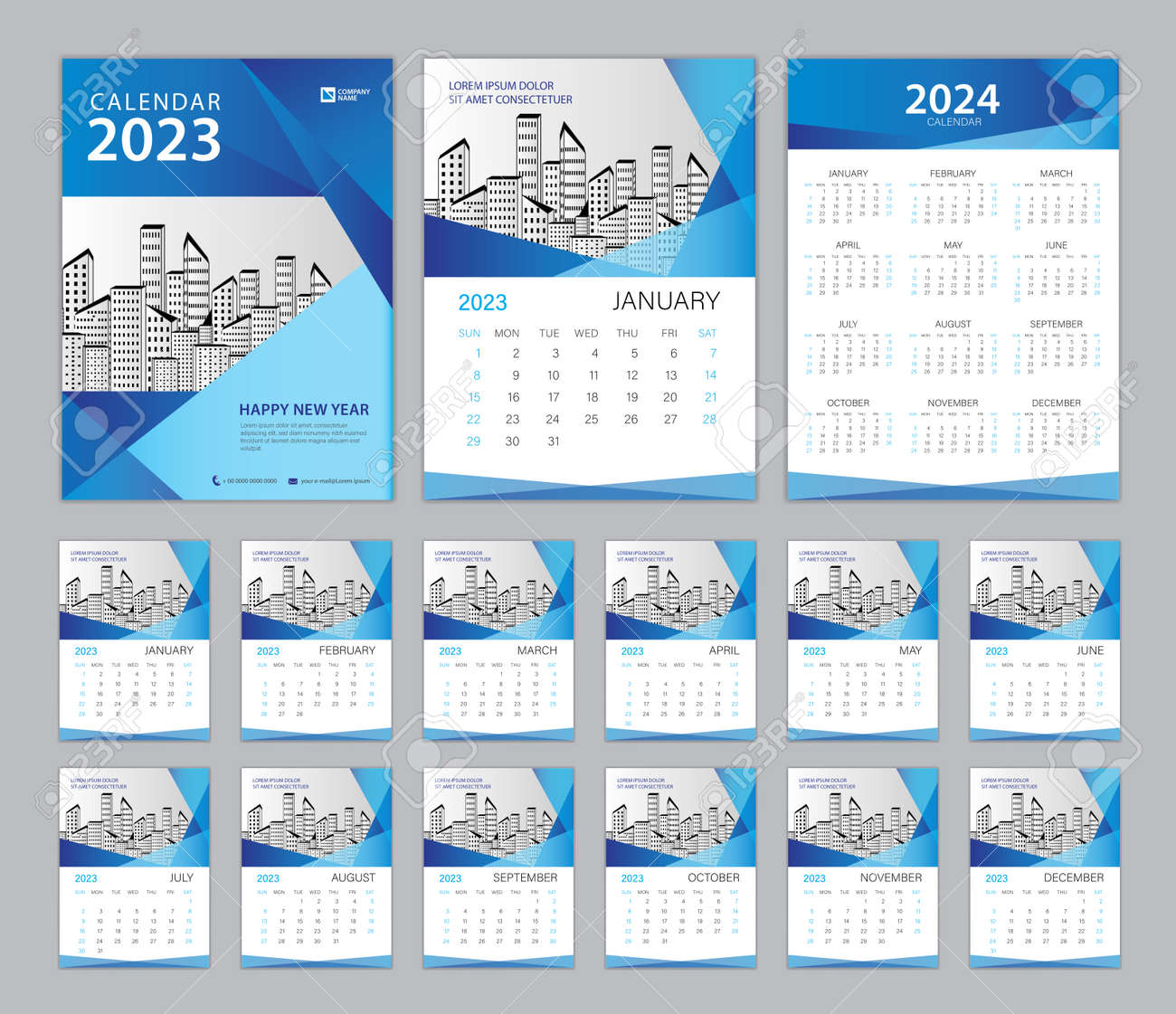 Calendar 2023 Template And Set Of 12 Months, Set Desk Calendar 2023 Design,  Calendar 2024 Design Poster, Week Start On Sunday, Simple, Planner, Wall Calendar  Template, Modern Cover Template, Vector Royalty Free