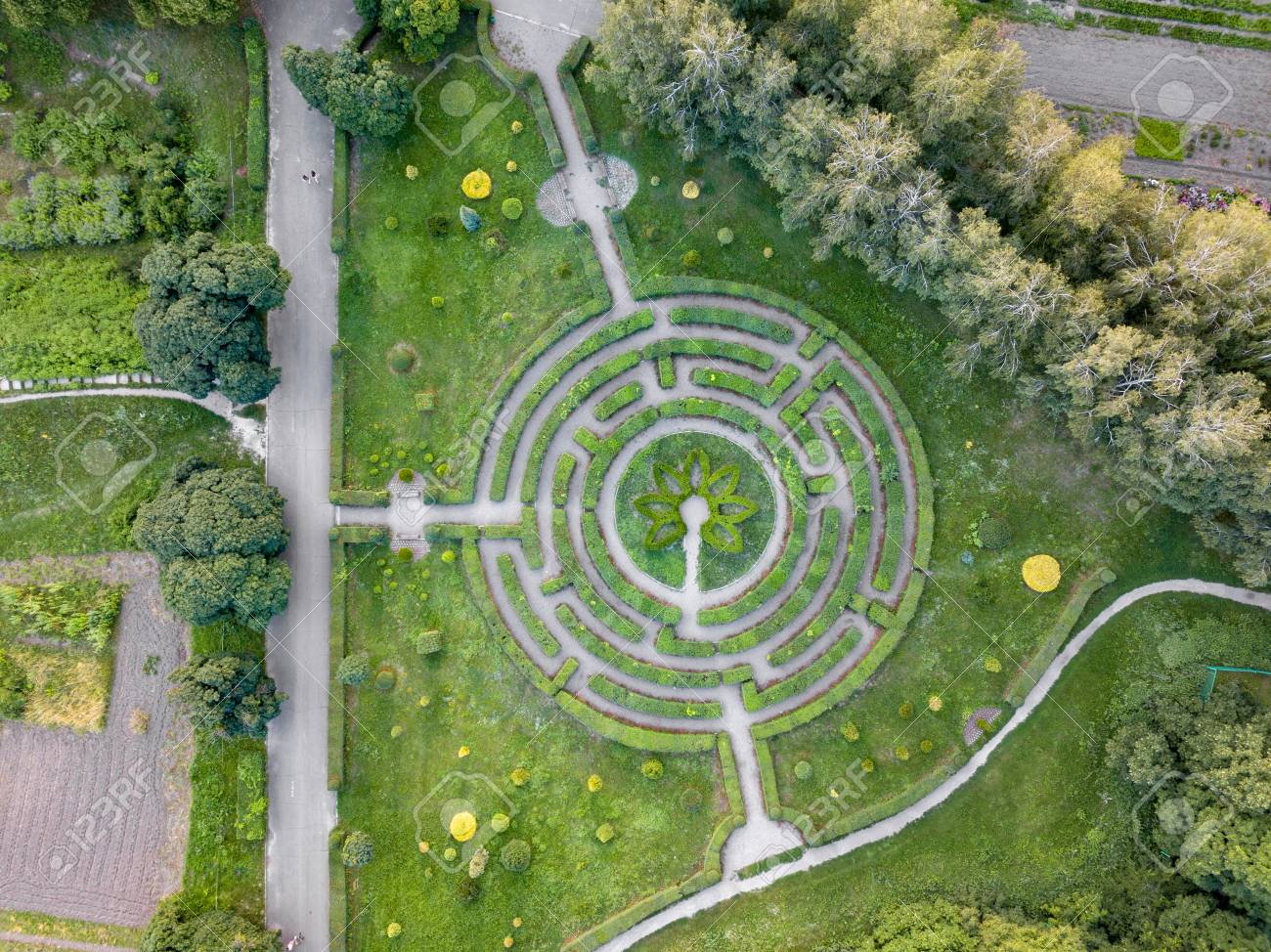 Birds Eye View From The Drone To A Garden Labyrinth Of Green Stock Photo Picture And Royalty Free Image Image