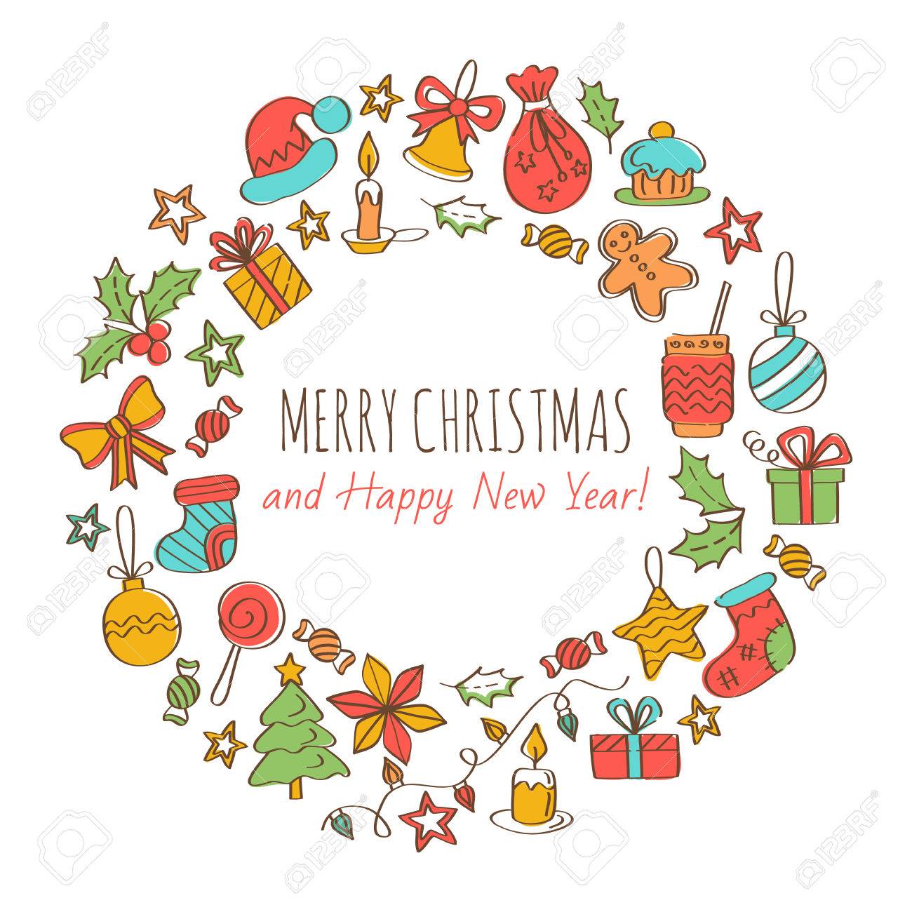 メリー クリスマスと幸せな新年の挨拶カード クリスマス リース ベクトル イラスト のイラスト素材 ベクタ Image