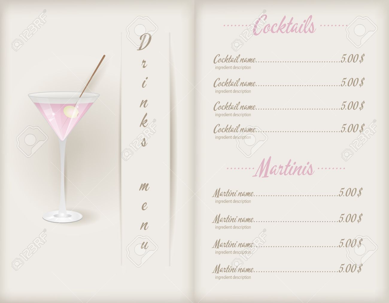 drink menu template booklet with glass of pink martini and cocktails