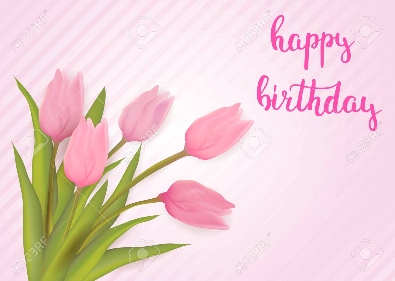 Carte De Voeux De Joyeux Anniversaire Avec Des Fleurs De Tulipes Avec Un Message Typographique A La Calligraphie Moderne Manuscrite Illustration Vectorielle Clip Art Libres De Droits Vecteurs Et Illustration Image