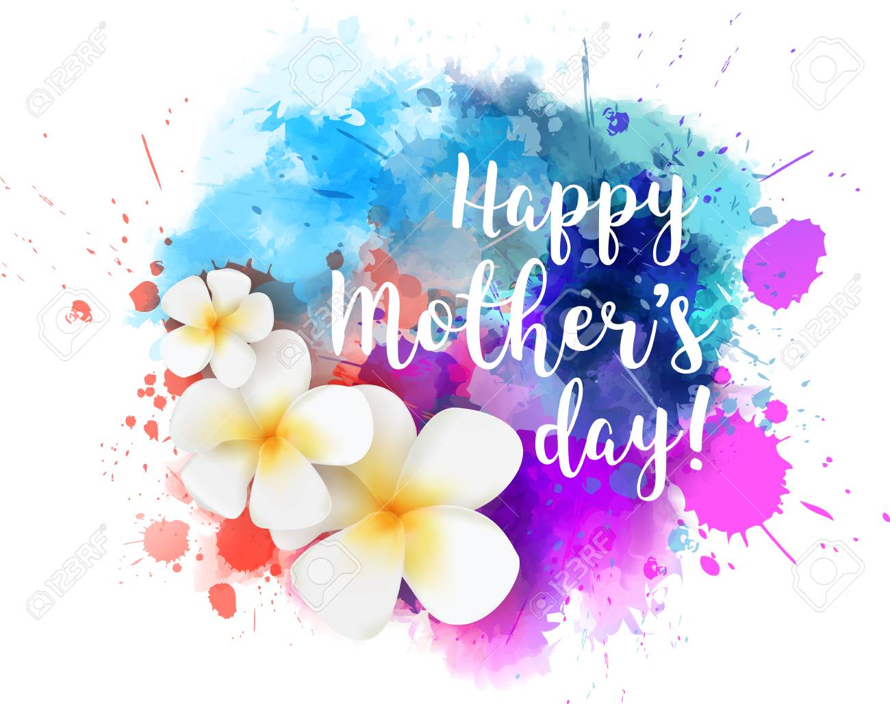 Happy Mothers Day Text Images Multicolored Watercolor Splash Blot With Frangipani Flowers And "Happy  Mother's Day" Text Message. Royalty Free Svg, Cliparts, Vectors, And Stock  Illustration. Image 76221516.