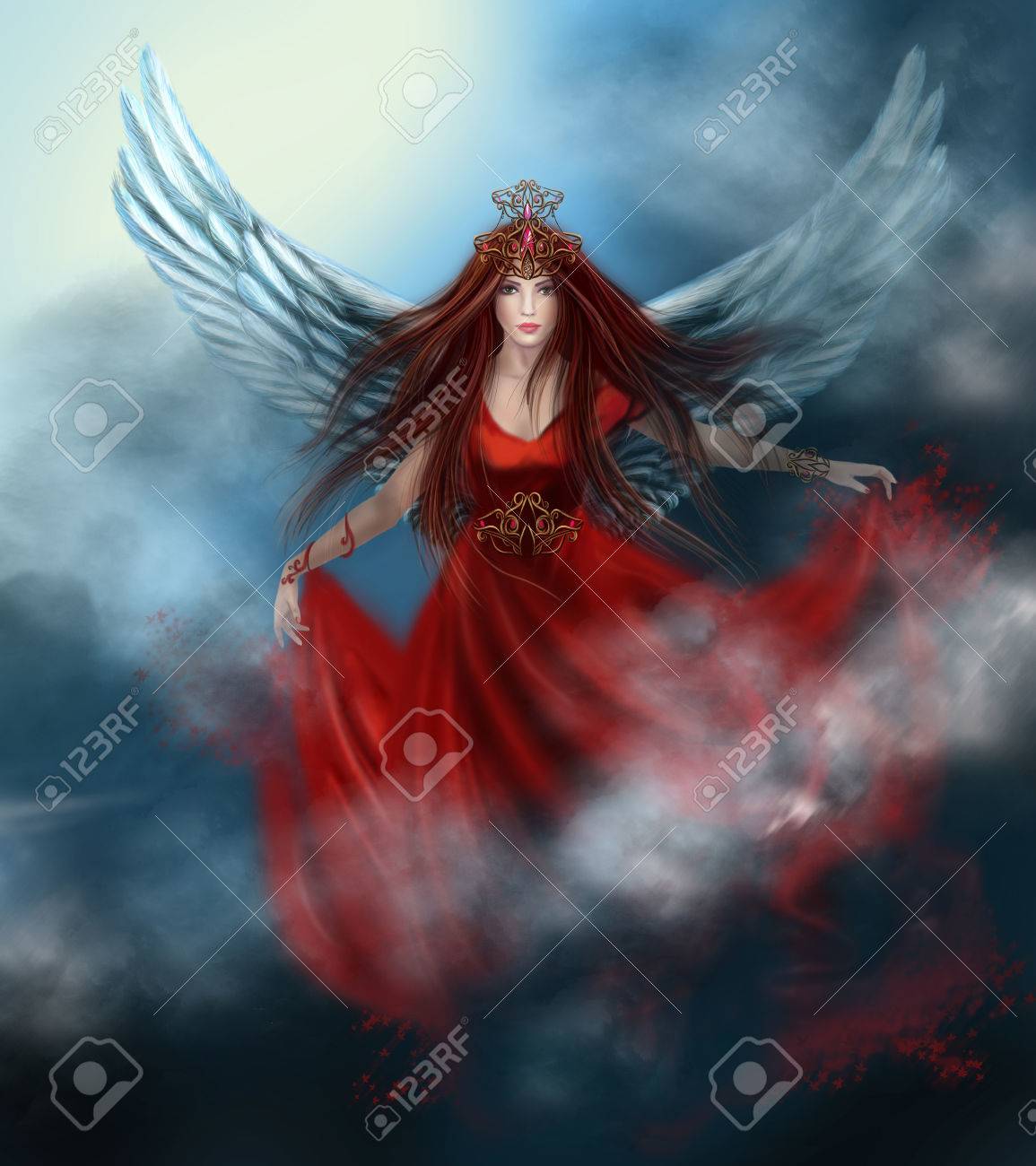 空に雲に赤いドレスの翼を持つ女性の女王 ファンタジーのイラスト