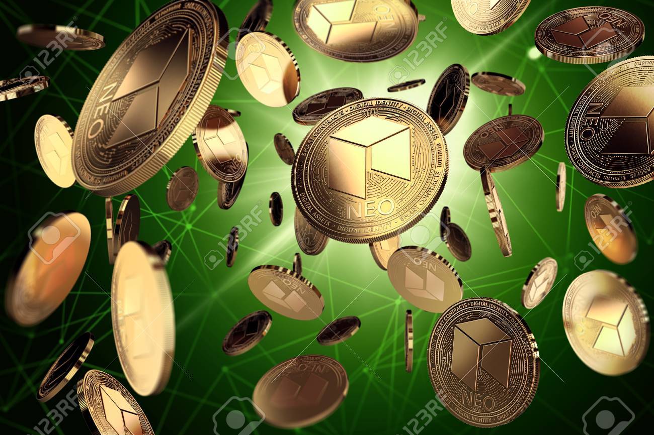 NEO는 블록 체인 노드 사이에서 동전을 동전. 성공과 성장 개념입니다. 표지, 포스터, 현수막 및 기타 광고 프로젝트에 적합합니다.  3D 렌더링 로열티 무료 사진, 그림, 이미지 그리고 스톡포토그래피. Image 90251774