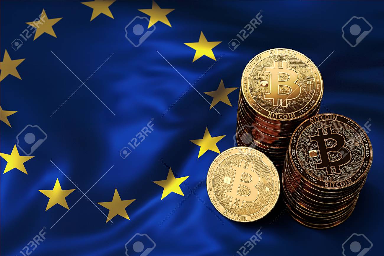 Stack Of Bitcoin Coins On EU Flag. Situation Of Bitcoin And Other  Cryptocurrencies In European Union Concept. 3D Rendering Stock Photo,  Picture and Royalty Free Image. Image 90252218.