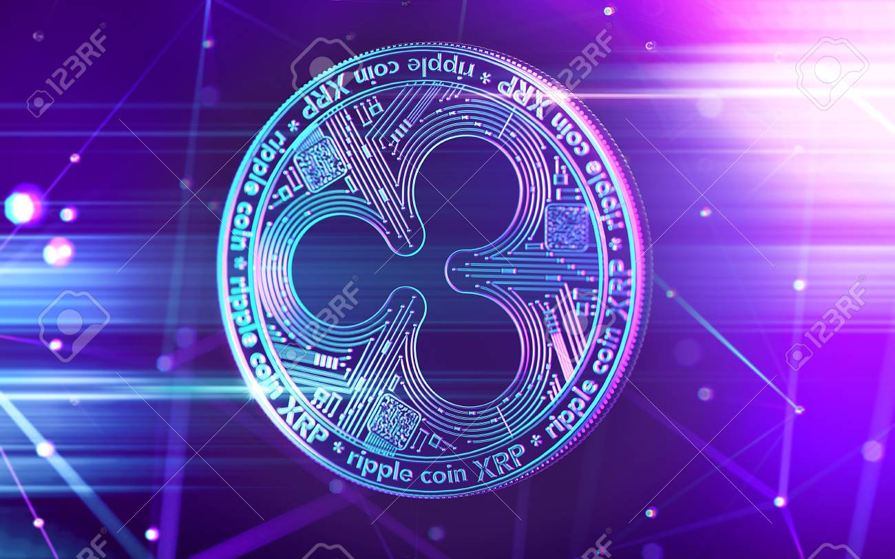 흐릿한 배경의 암호화폐 블록체인 노드가 있는 울트라 바이올렛 색상의 네온 빛나는 리플(XRP) 코인. 3D 렌더링 로열티 무료 사진,  그림, 이미지 그리고 스톡포토그래피. Image 112516654