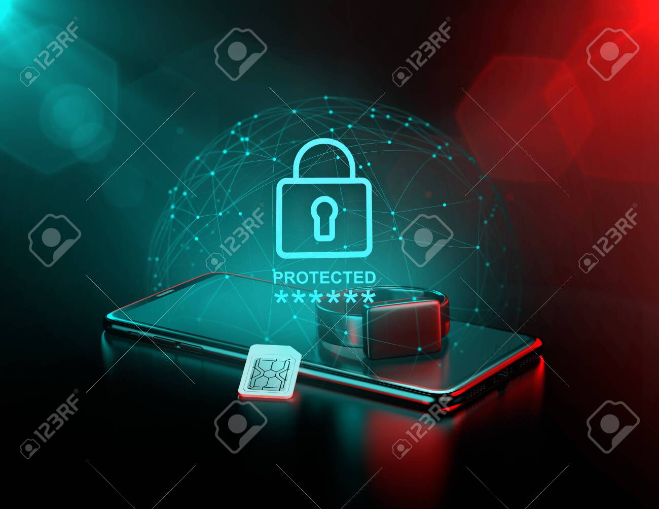 Smartphone and a smart watch surrounded by force field as a metaphor of data surveillance and it's protection. 3D rendering - 132282605 Smartphone and a smart watch surrounded by force field as a metaphor of data surveillance and it's protection. 3D rendering - 132282605