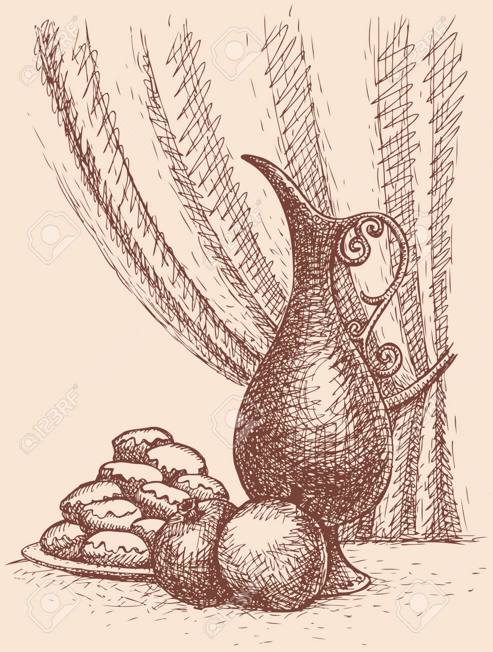 Vector still life. Pomegranate near the dish with sweet donuts and high pitcher - 157734120 Vector still life. Pomegranate near the dish with sweet donuts and high pitcher - 157734120