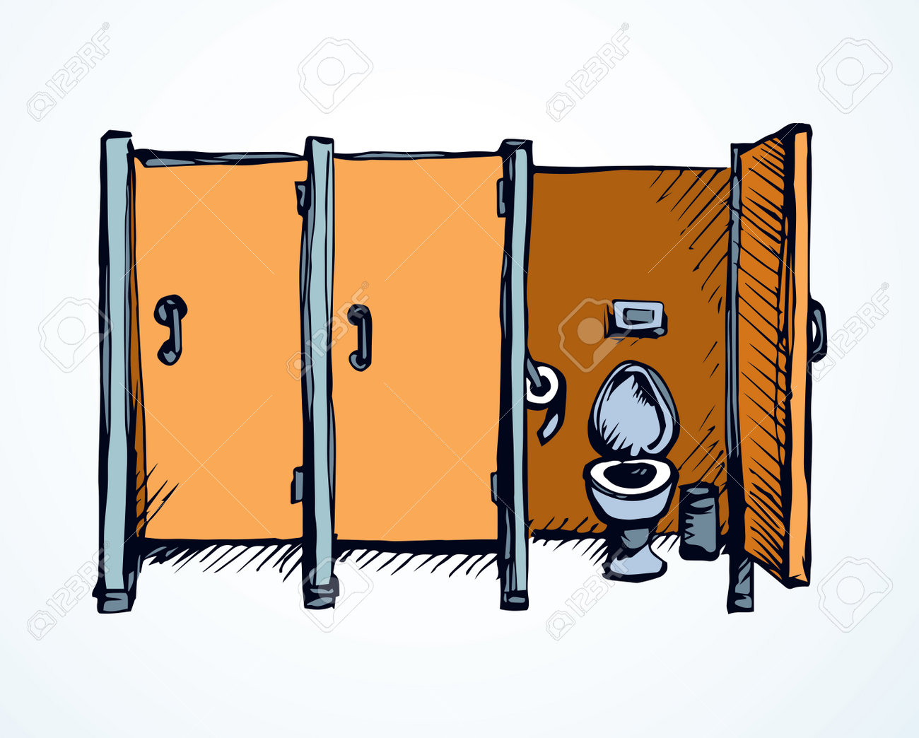 Clean Cubicle Comfort People Pee Cistern In On White City Hotel Backdrop.  Bright Orange Color Hand Drawn School Gender Male Poop Box Cabin Sign In  Art Modern Style On Text Space. Front, image size:1300x1044