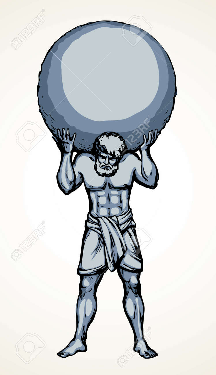 Guy Worker Giant God Torso Carry Up Stone Ball Weight On White Sky 