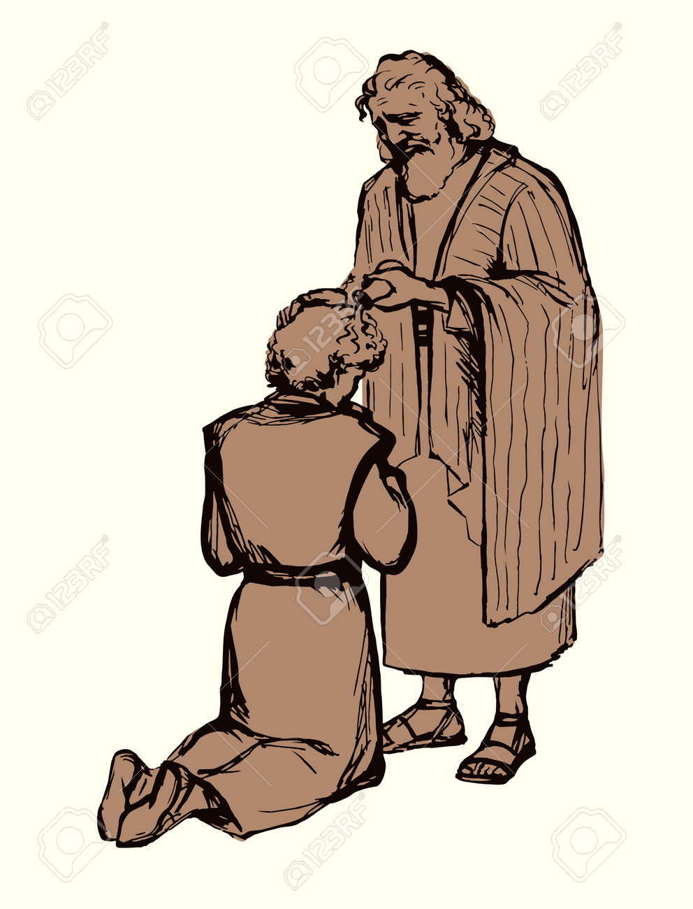 신성한 유태인 연장자 장로 아버지 홀드 팔 머리 신 전원 치료 아픈 남자 남자 아들 얼굴 의식 누워 붓다 안수 서약 무릎을 꿇다 어린  나이 소년 사울 왕실 교회 신앙 인간 지도자