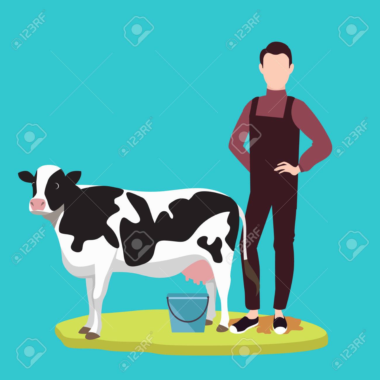 男は牛の牧畜家畜ベクトルの前に立っています のイラスト素材 ベクタ Image