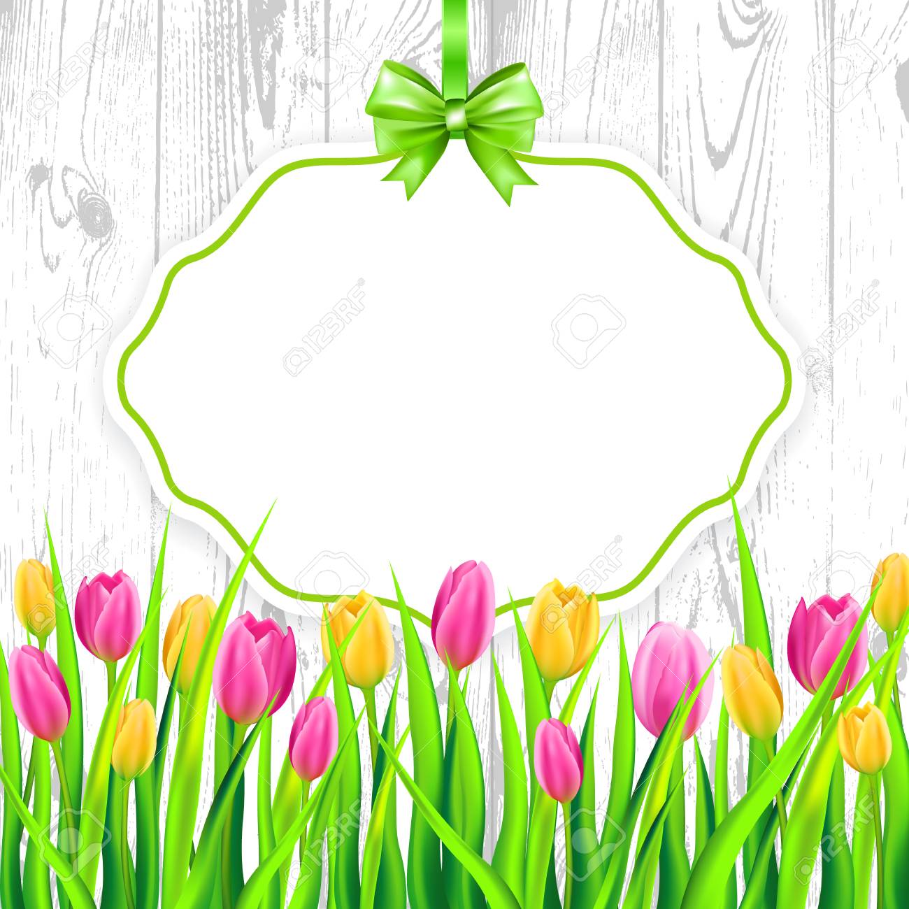 紙枠に弓 ウッド テクスチャ背景に色とりどりのチューリップと春の背景 ベクトルの図 のイラスト素材 ベクタ Image