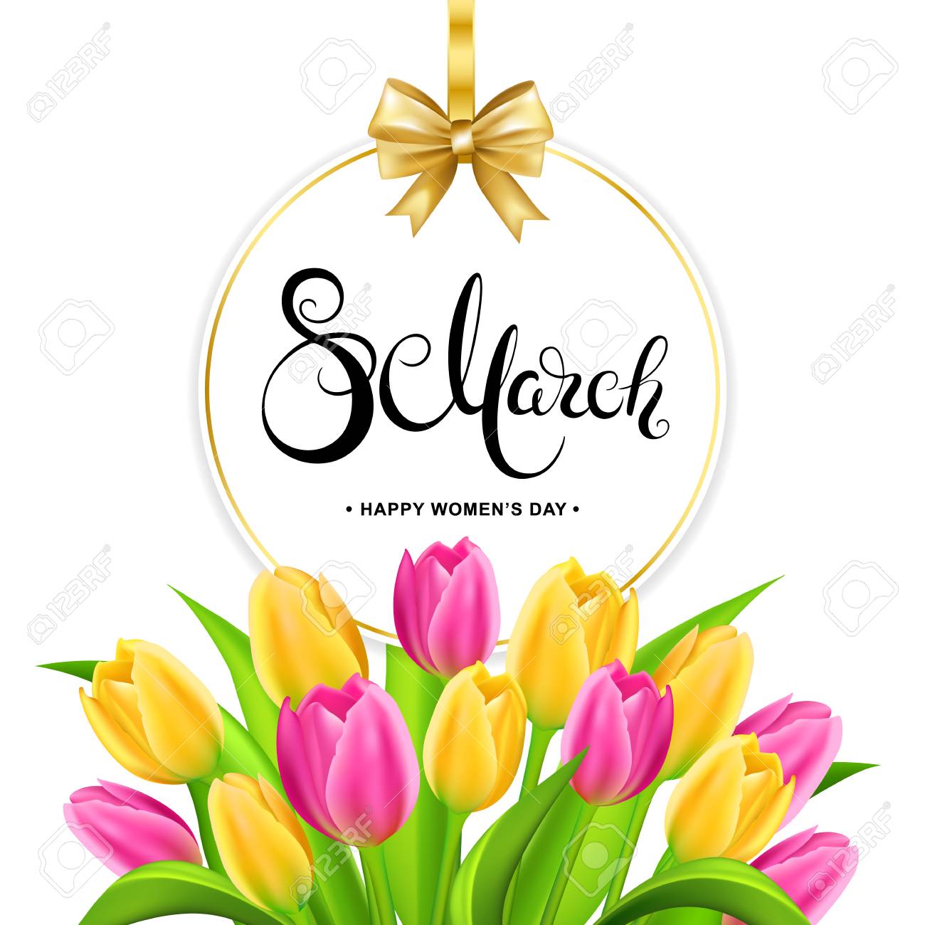 3 月 8 日は 紙タグのフレームとカラフルなチューリップとゴールド リボン書道文字を手書き 8 月グリーティング カード テンプレート ベクトルの図 のイラスト素材 ベクタ Image