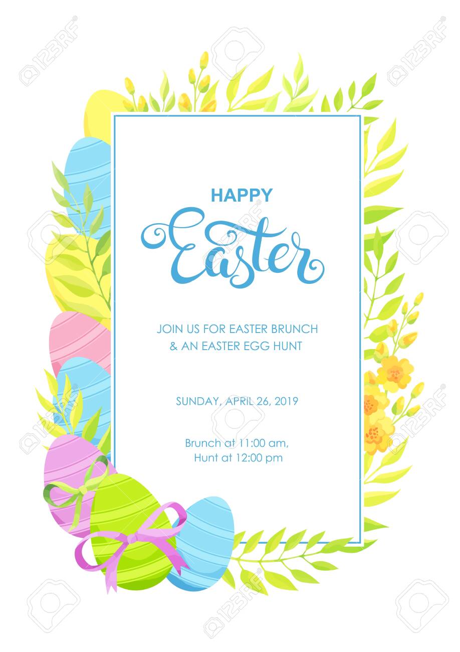 happy easter invitation with eggs and flowers frame vector illustration easter invitation