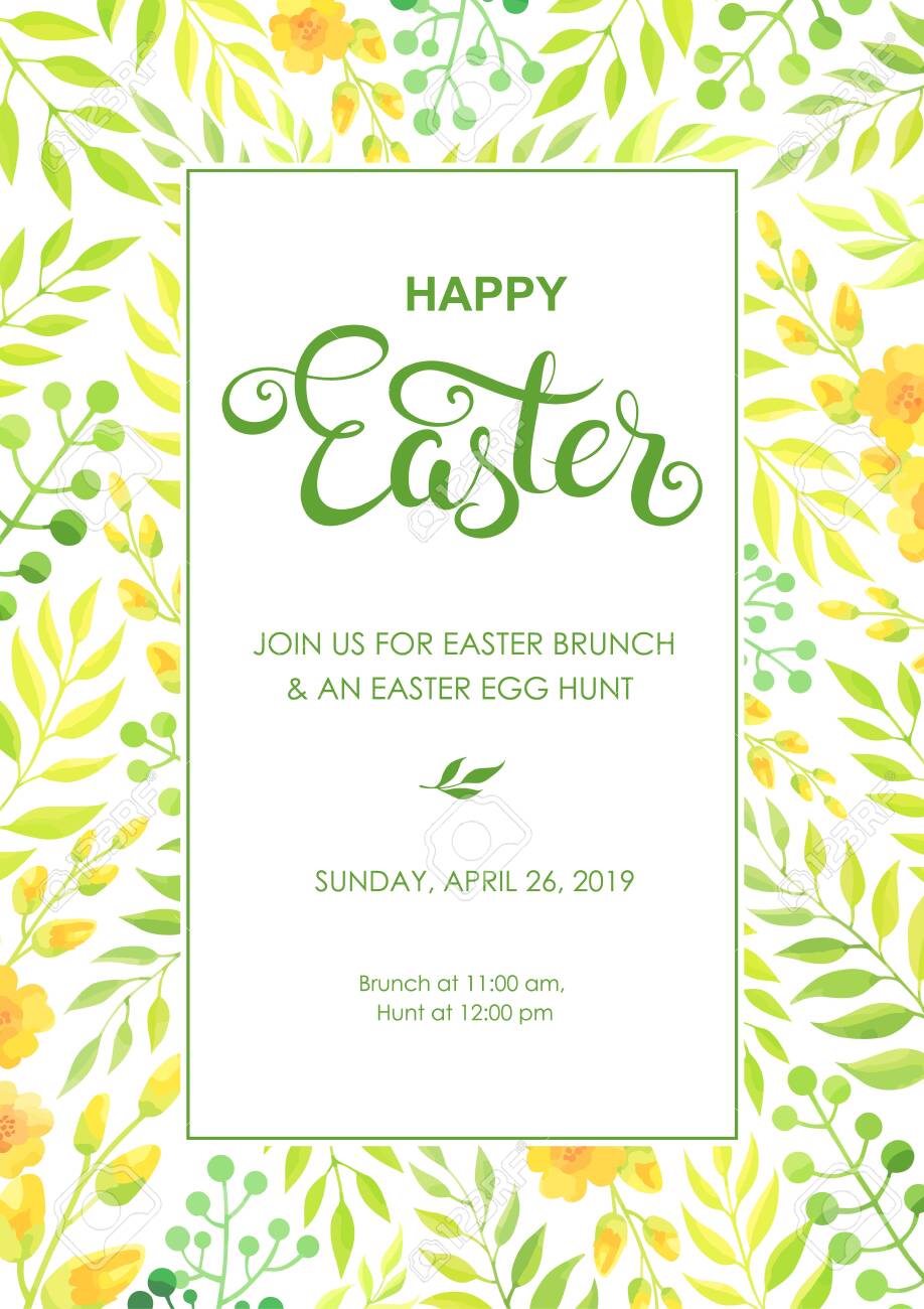 happy easter invitation with flowers green leaves border easter easter invitation