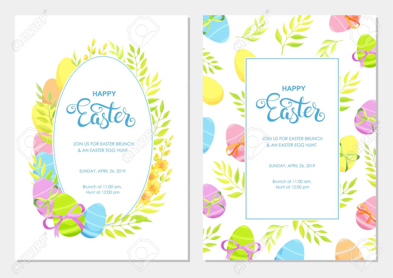 happy easter invitation with flowers green leaves and eggs border easter invitation template free