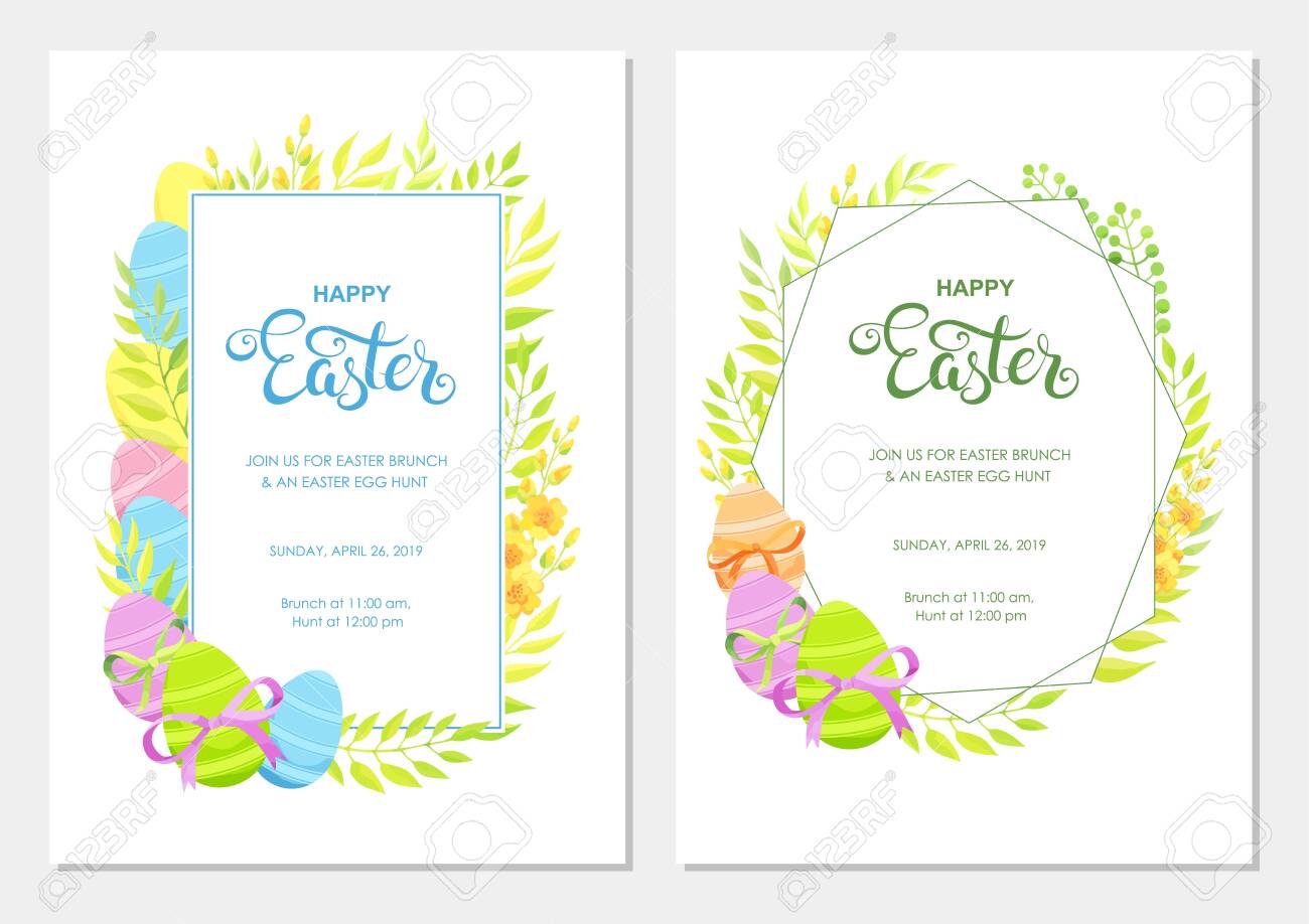 happy easter invitation with flowers green leaves and eggs border easter invitation