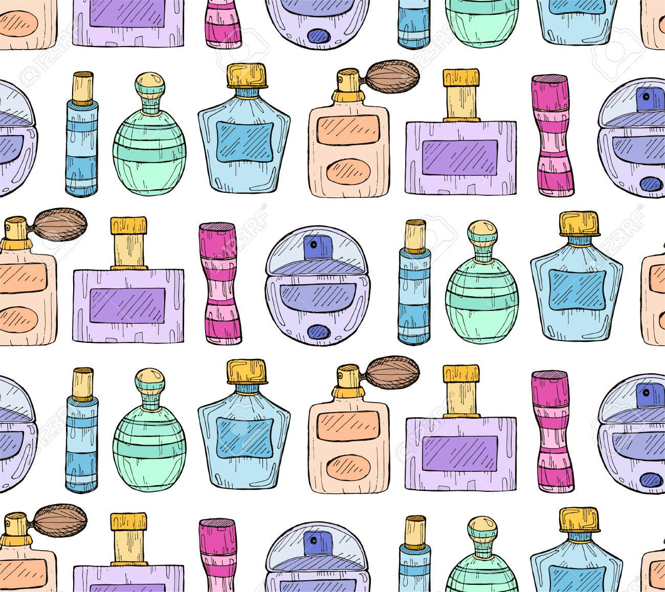 かわいい手描きの香水とのシームレスなパターン ベクトルの香水コレクション のイラスト素材 ベクタ Image かわいい手描きの香水とのシームレスなパターン ベクトルの香水コレクション のイラスト素材 ベクタ Image