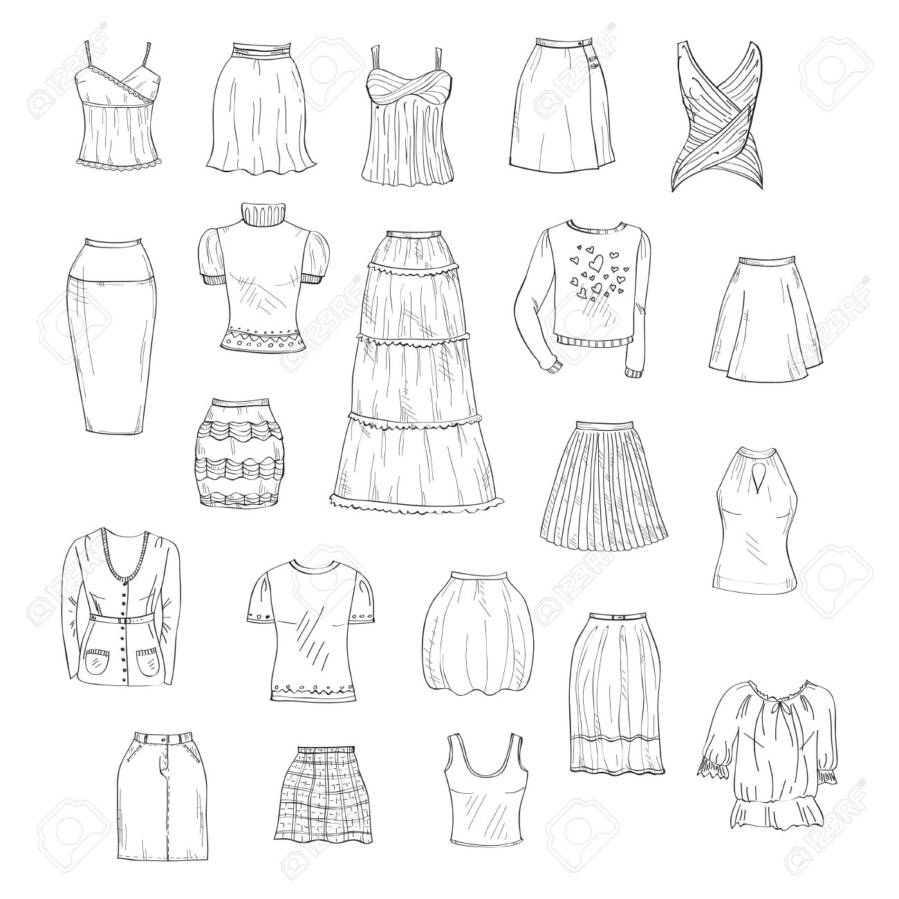 ベクトルの女性の服はスカートとトップスの種類などの手描き落書きのセット のイラスト素材 ベクタ Image