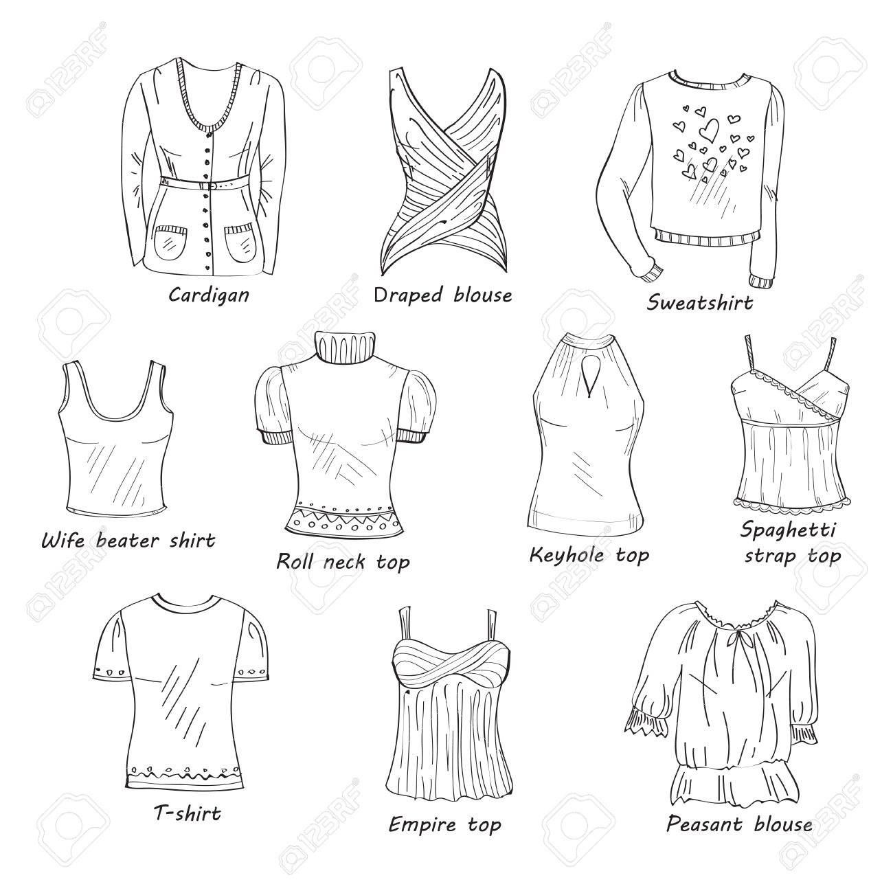 ベクトルの女性の服はトップスの種類などの手描き落書きのセット のイラスト素材 ベクタ Image