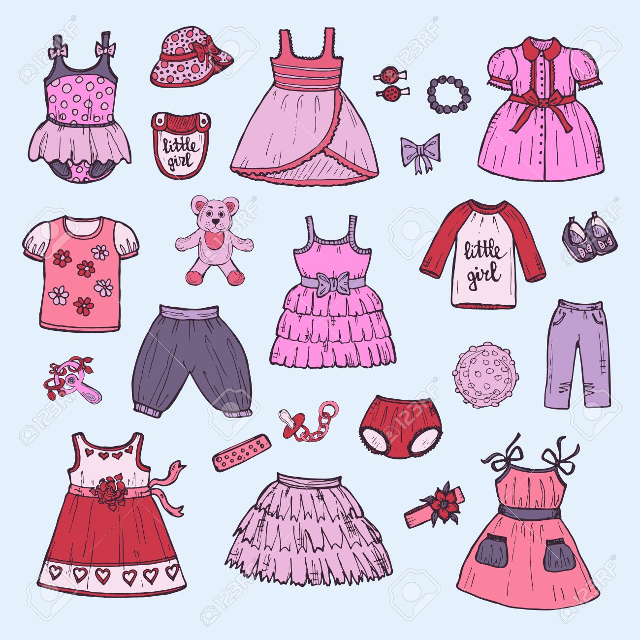 かわいいセット手描画服女児ドレス シャツ 靴 ヘアー クリップ スカート ショート パンツなどを含みます 子供服のコレクション ベクトルのイラスト素材 ベクタ Image かわいいセット手描画服女児ドレス シャツ 靴 ヘアー クリップ スカート ショート パンツなどを含みます 子供服のコレクション ベクトルのイラスト素材 ベクタ Image