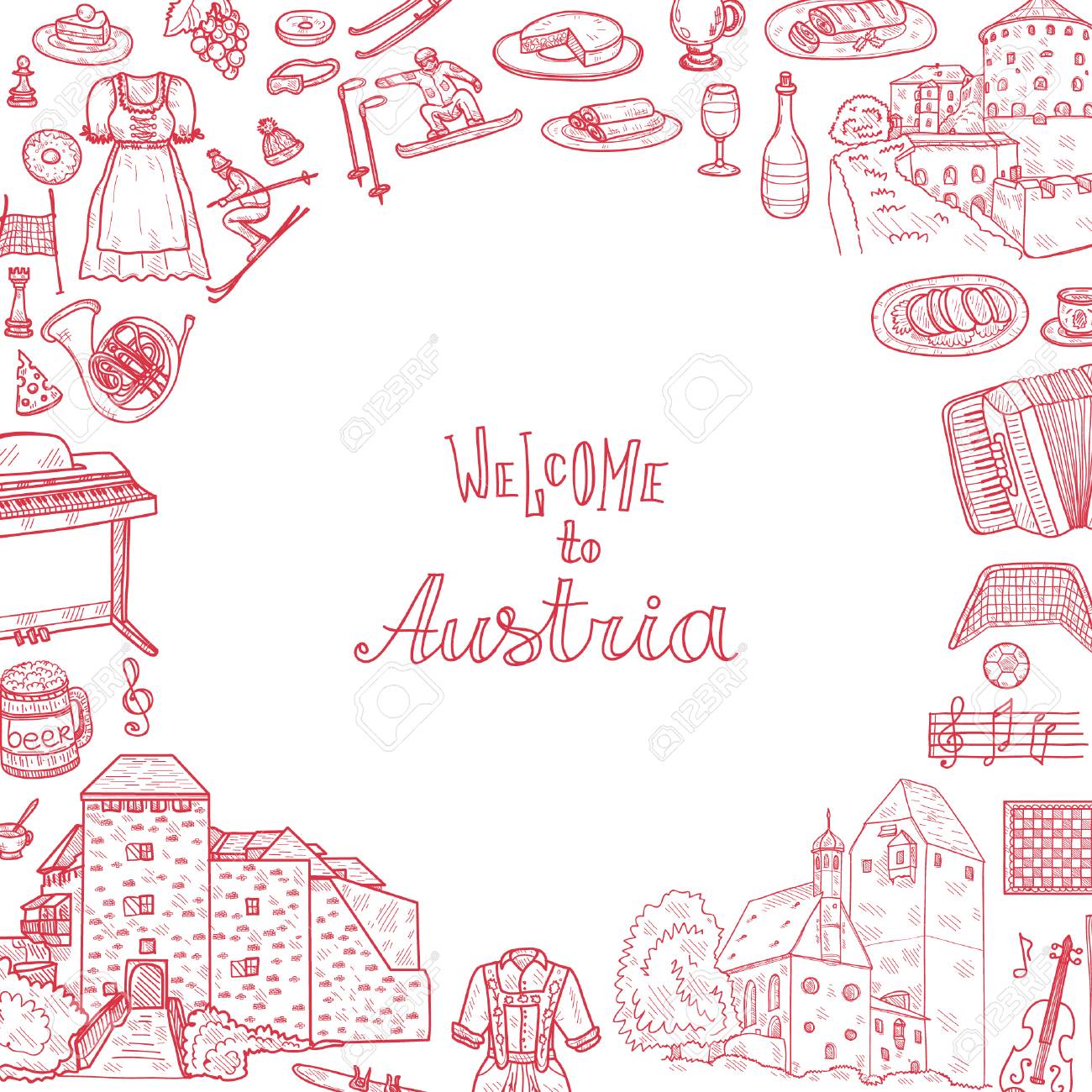 card template with cute hand drawn welcome to austria icons welcome cards template