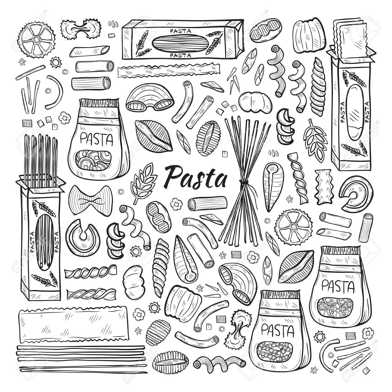 Hand Drawn Set With Different Types Of Pasta Vector Food Illustration May Use As A Coloring Page Royalty Free Cliparts Vectors And Stock Illustration Image 131604818