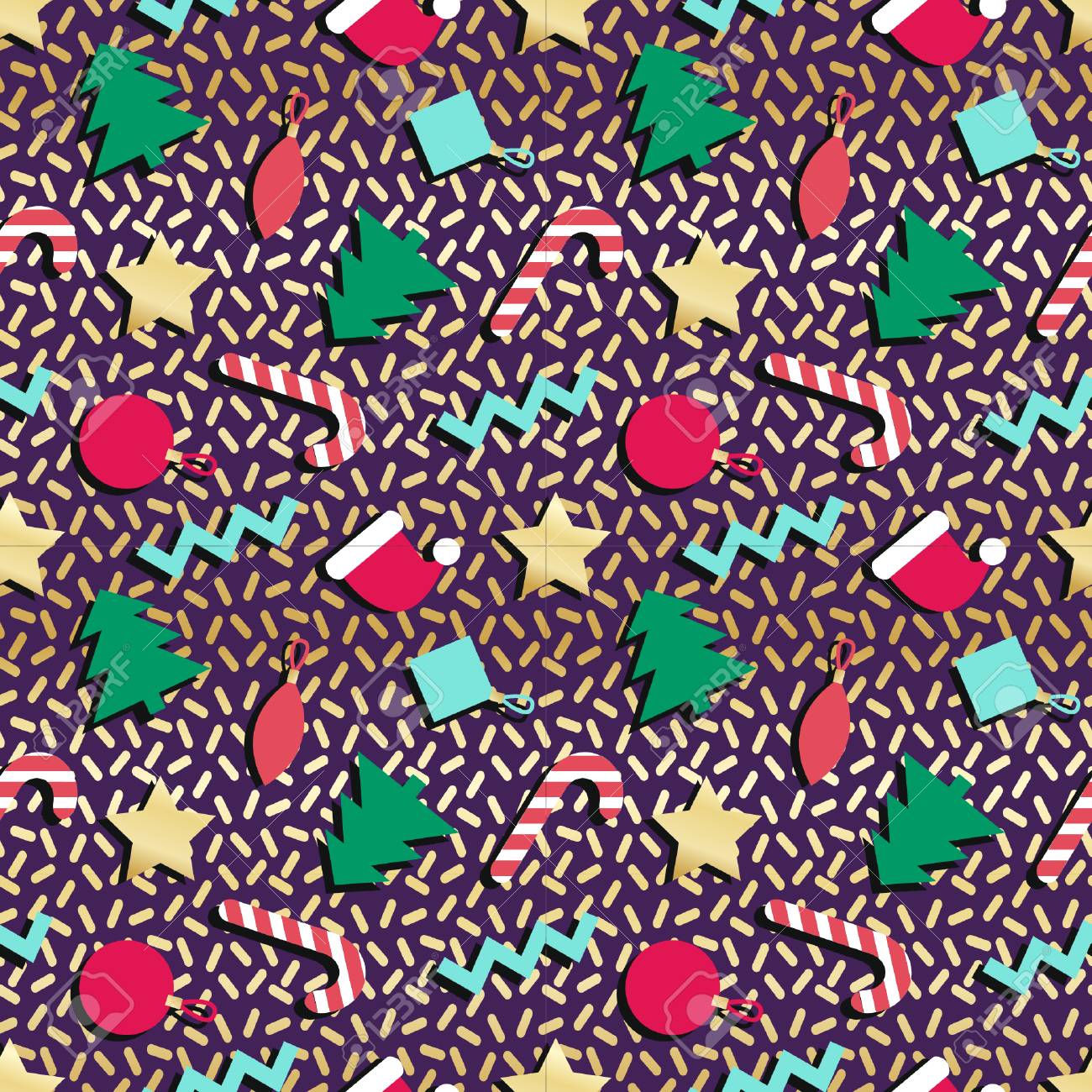 シンプルな冬休日幾何学的のシームレスなパターン明るいクリスマス ツリーお菓子つ星 80 年代 90 年代のレトロなコミック スタイル 包装紙のカードに最適なベクトルの背景壁紙ポスター デザイン のイラスト素材 ベクタ Image