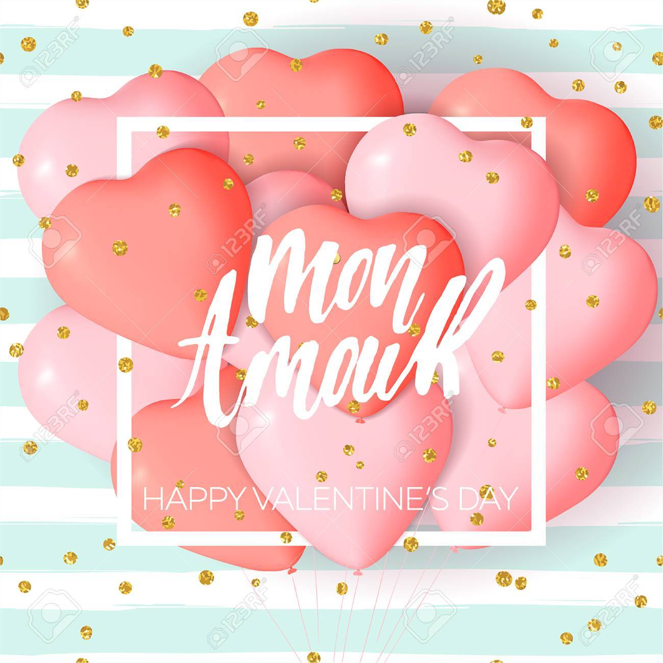 happy valentines day card template with cute and fancy pink red heart balloons with lettering