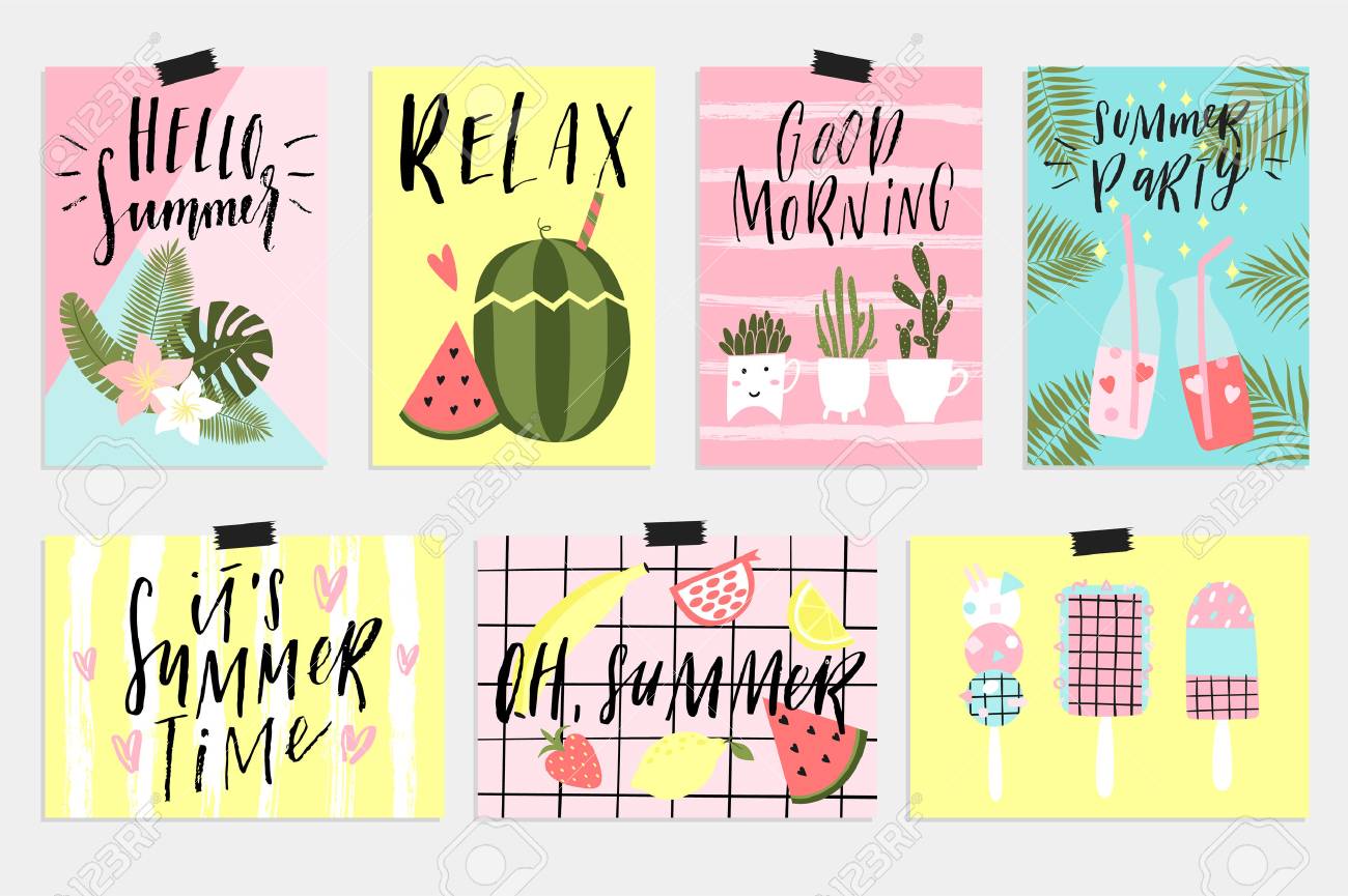 summer greeting cards and posters with fun elements hand drawn fun posters