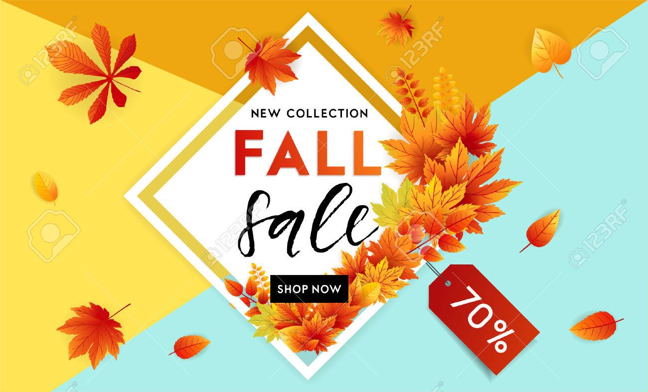 autumn sale flyer template with lettering bright fall leaves