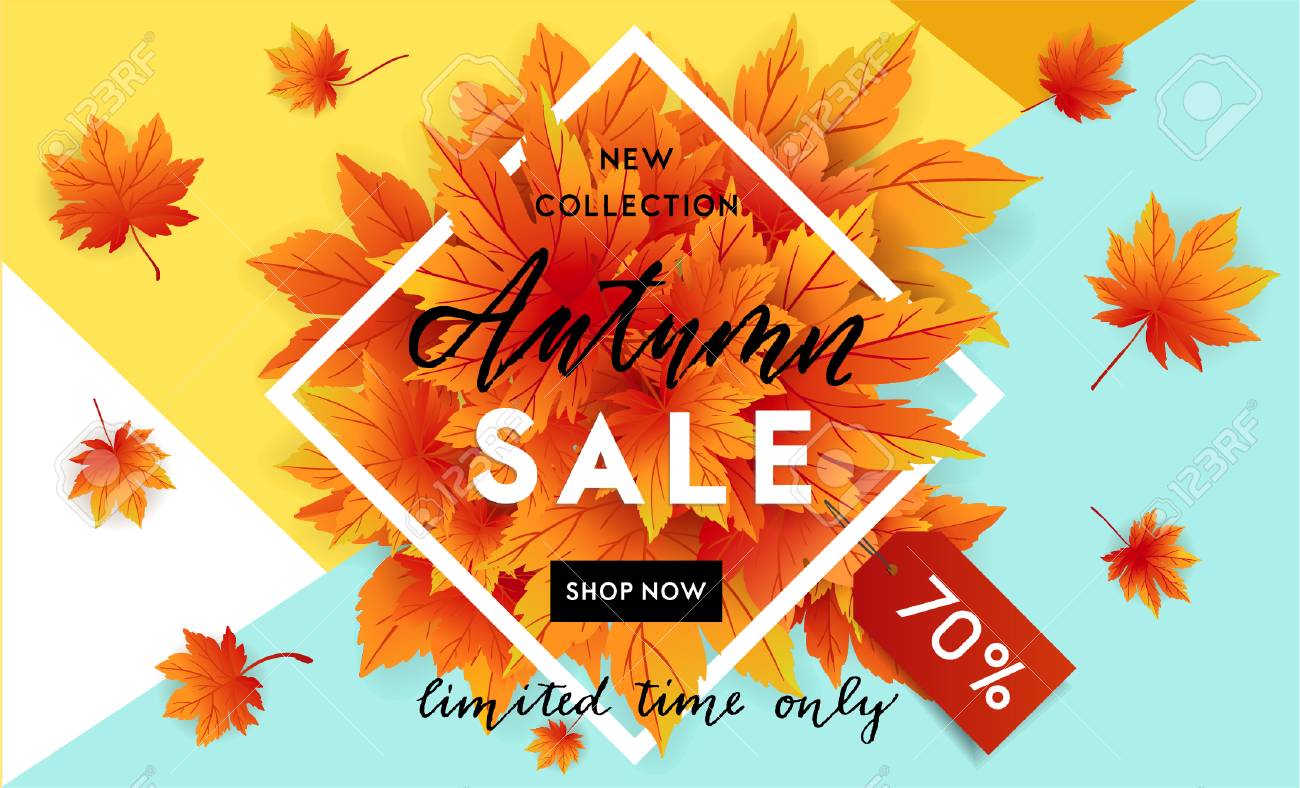 autumn sale flyer template with lettering bright fall leaves
